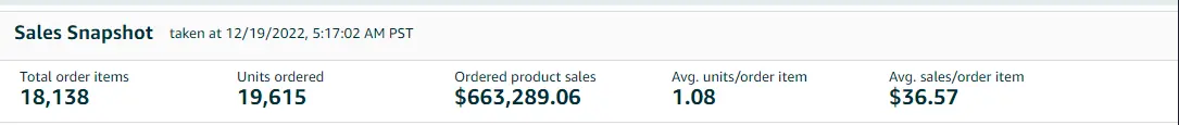 Business report sales snapshot showing 663,289 dollars of ordered product sales